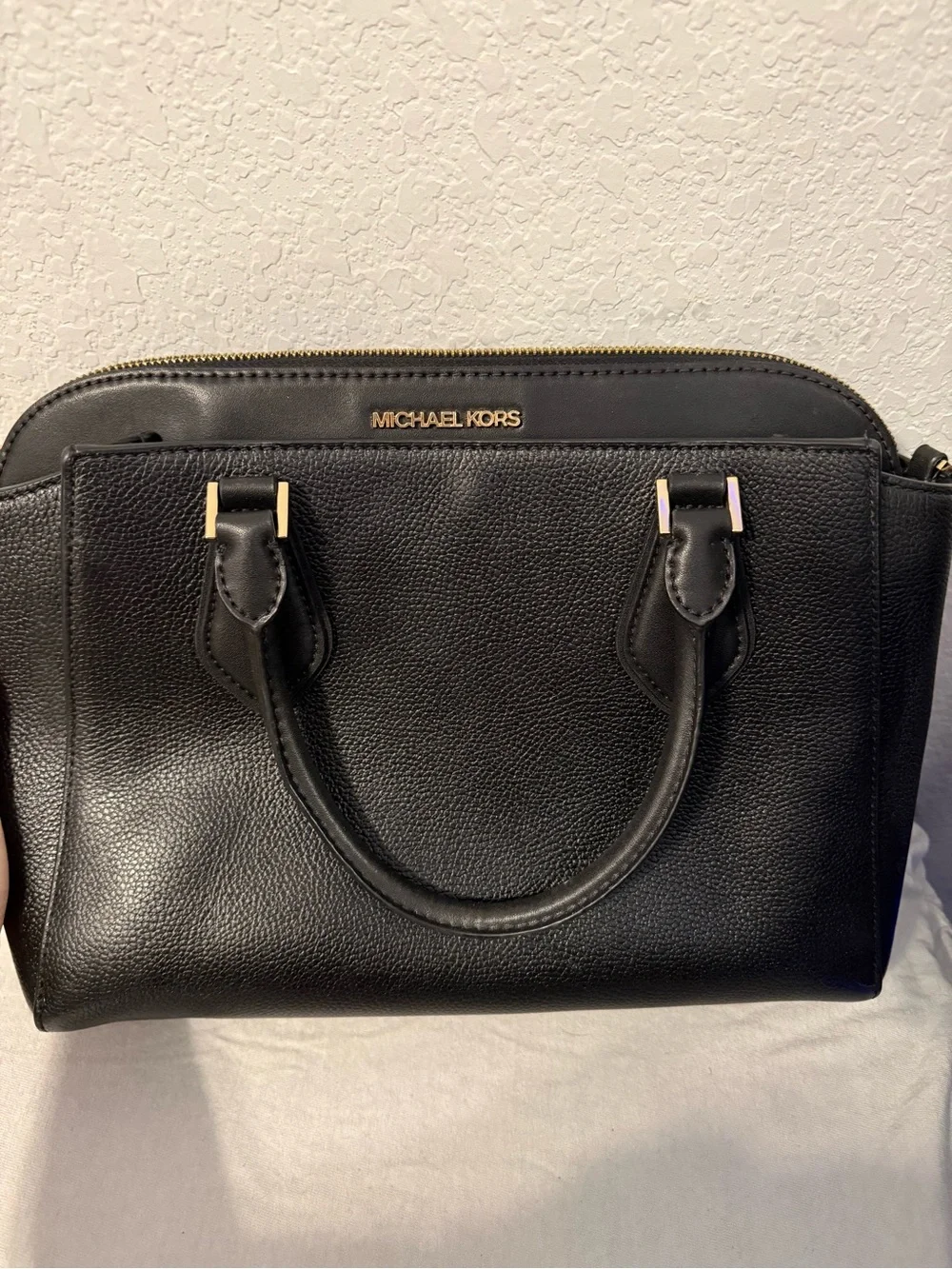 Michael Kors Black Pebbled Leather Satchel with Gold Accents